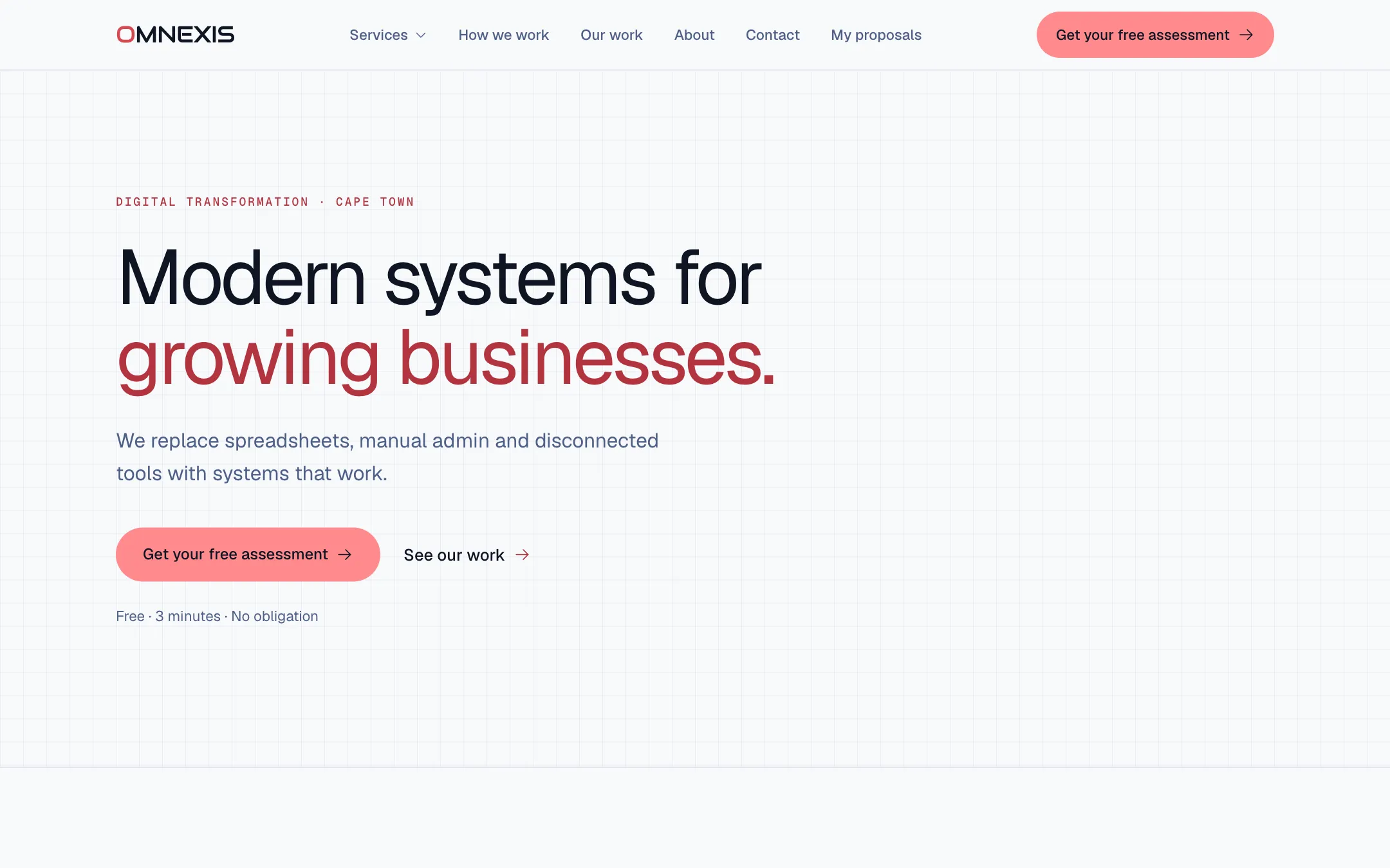 The Omnexis homepage: “Modern systems for growing businesses.”